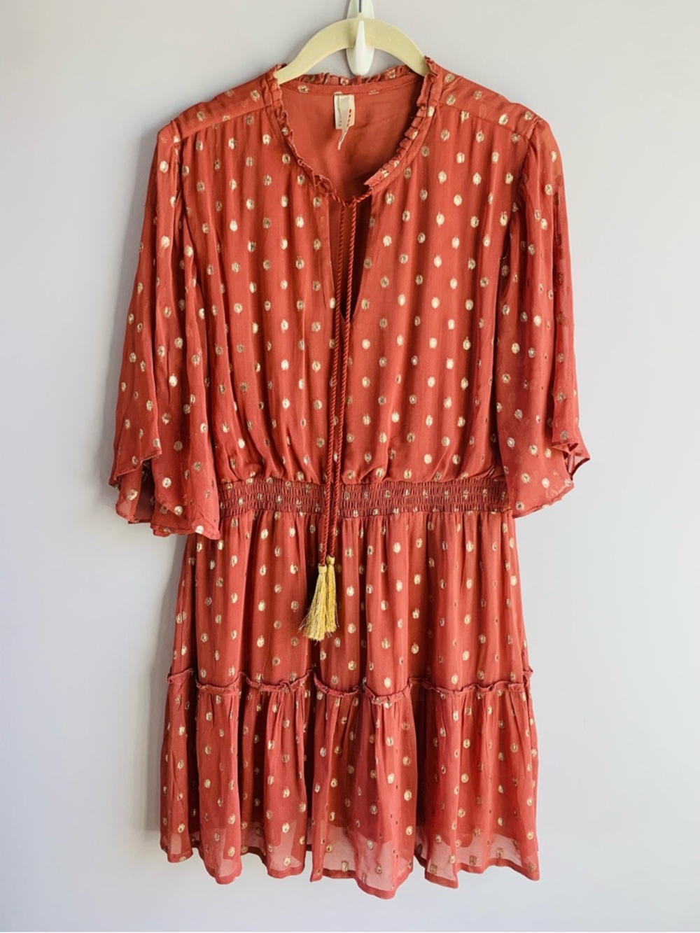 RAGA Mini Dress Terracotta Gold Dots Metallic Flowy Summer Flutter Sleeve EUC M